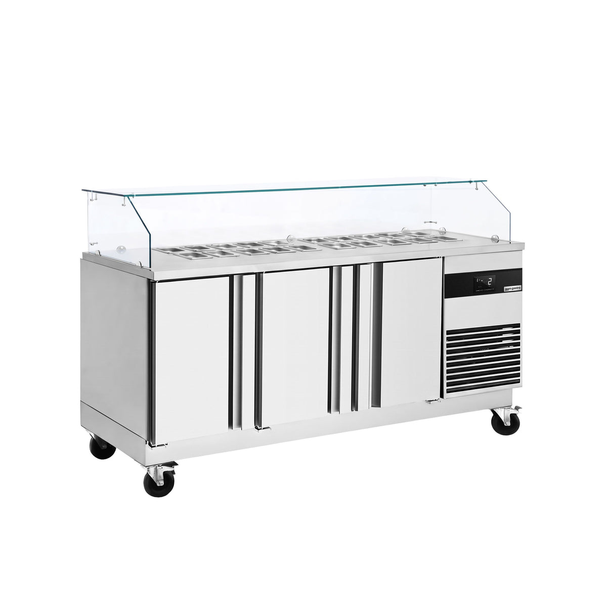 Commercial Saladette Counter PREMIUM - 1865mm - 3 doors - with square glass canopy for 8 x GN 1/6