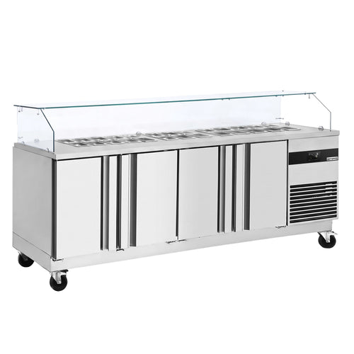 Salaattipöytä PREMIUM - 2 330 mm - 4 ovea - kulmikas lasisuoja 10x GN 1/6 varten