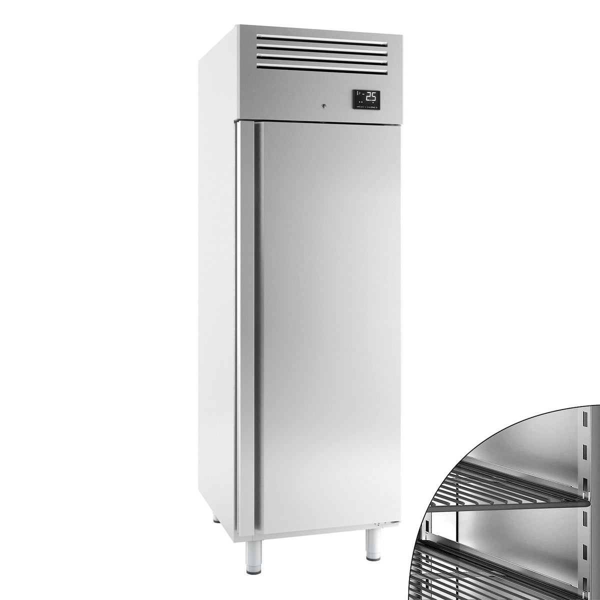 Leipomojääkaappi Ruostumaton teräs PREMIUM PLUS - EN 600x800 - 785 l - +2…+8 °C - mitat 1 ovi - LED-valaistus, kiertoilmajäähdytys, digitaalinen termostaatti, automaattinen sulatus, R290, lukittava