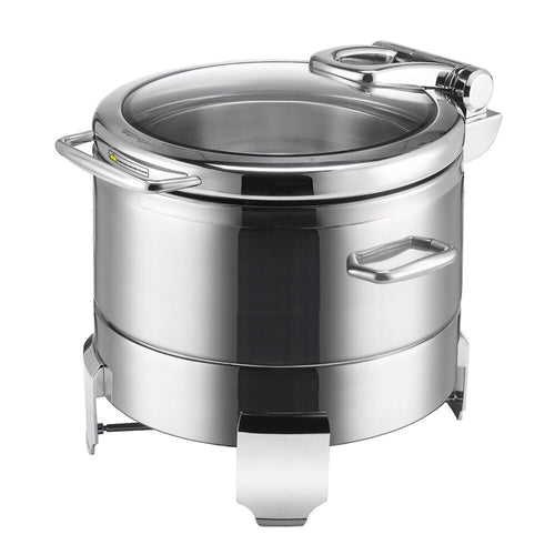 Lämpöhaude / Chafing Dish - Polttoainetahnalla - Pyöreä - pehmeästi sulkeutuva (soft-close) lasikansi - 8,9 l - 1 polttoainesäiliötä