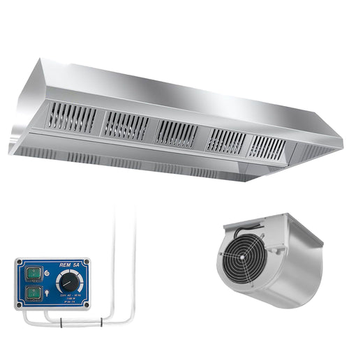 Commercial Ceiling-Mounted Extraction Canopy with Integral Fan - 2400mm - with External Speed Controller, Baffle Filters & LED Lights - 1300mm Deep