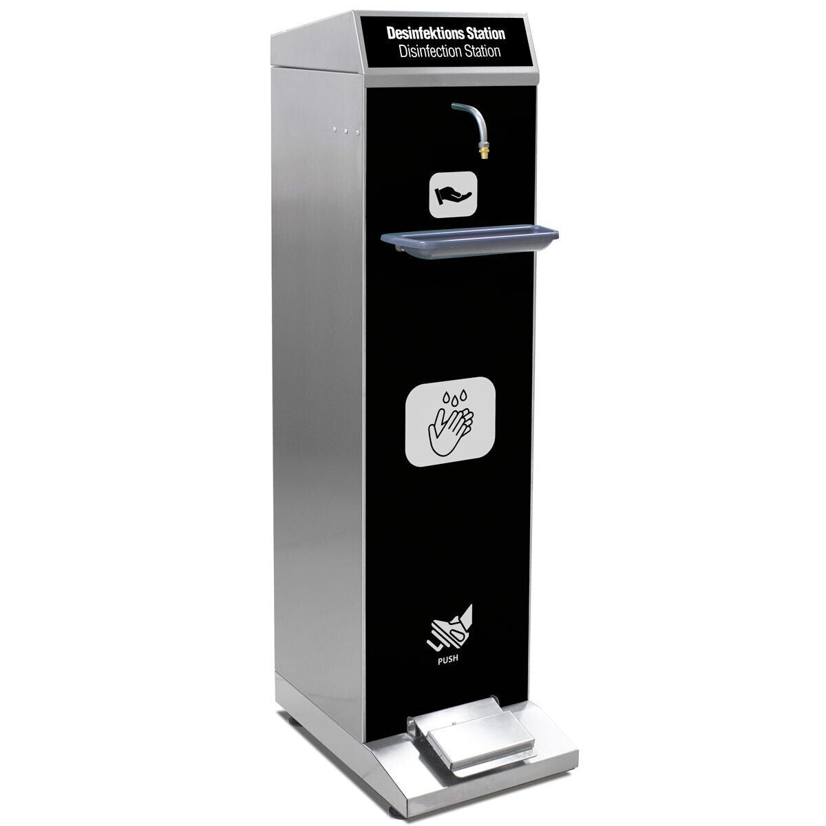 Hand Sanitiser Station - 5000–10000ml - Stainless steel - freestanding, foot pump/foot-operated, with drip tray, for hand sanitiser
