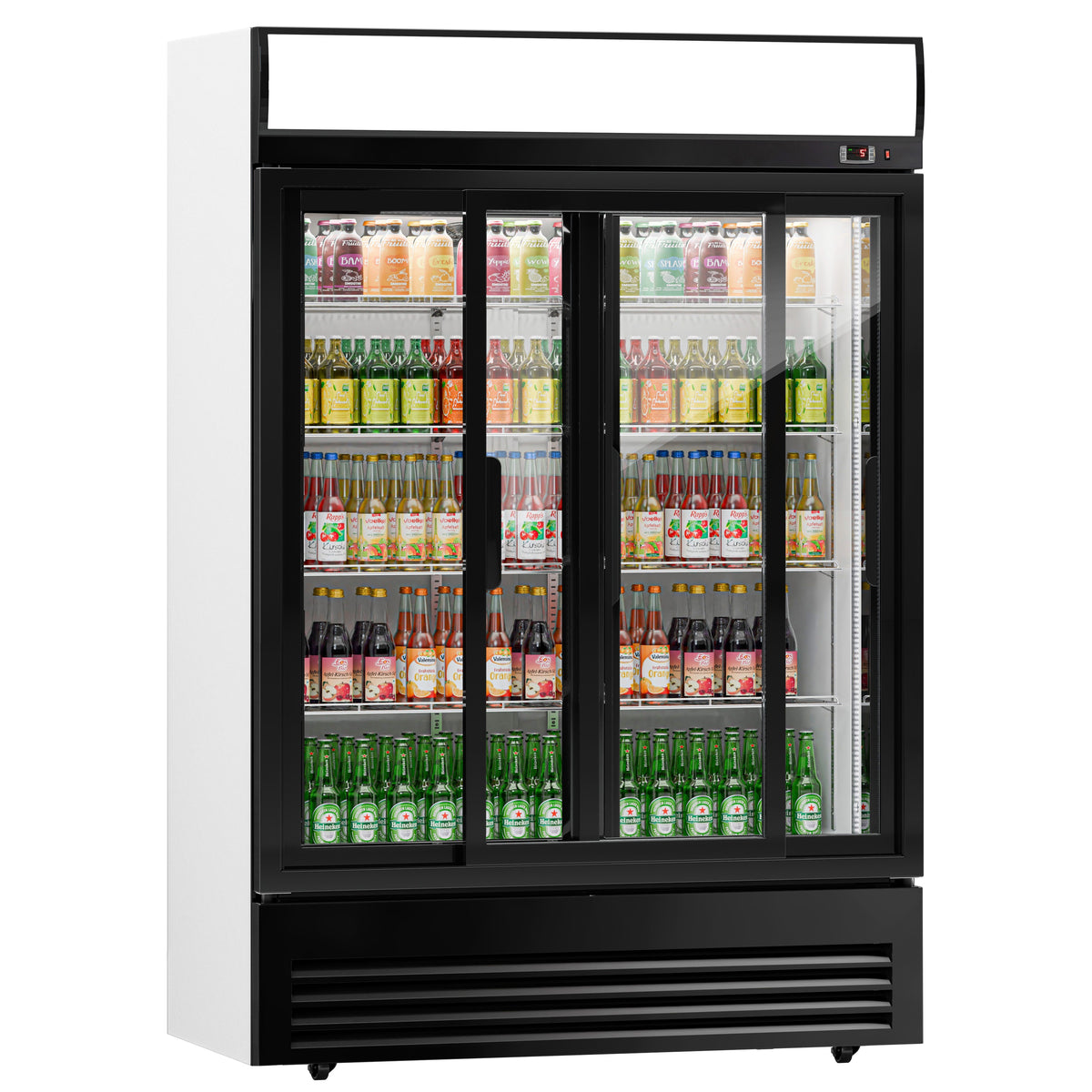 Commercial Beverage Display Fridge - 1295mm - 880 Litres - with 2 sliding glass doors - LED lighting - digital controller with temperature display - Black - Temperature range 2 to 8 °C