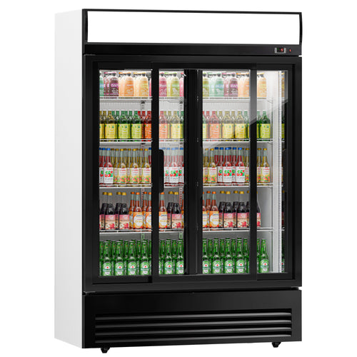 Commercial Beverage Display Fridge - 1295mm - 880 Litres - with 2 sliding glass doors - LED lighting - digital controller with temperature display - Black - Temperature range 2 to 8 °C