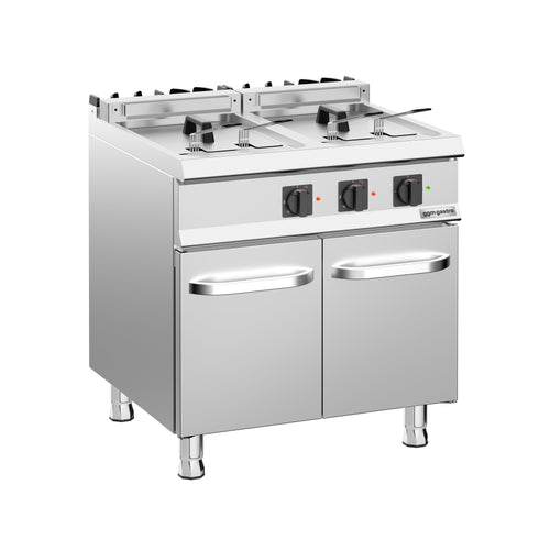 Kaksiosainen sähkökäyttöinen rasvakeitin - 2 x 18 l - 28,0 kW - tyhjennyshanalla - sis. alarungon, 2 ovea - 400 V