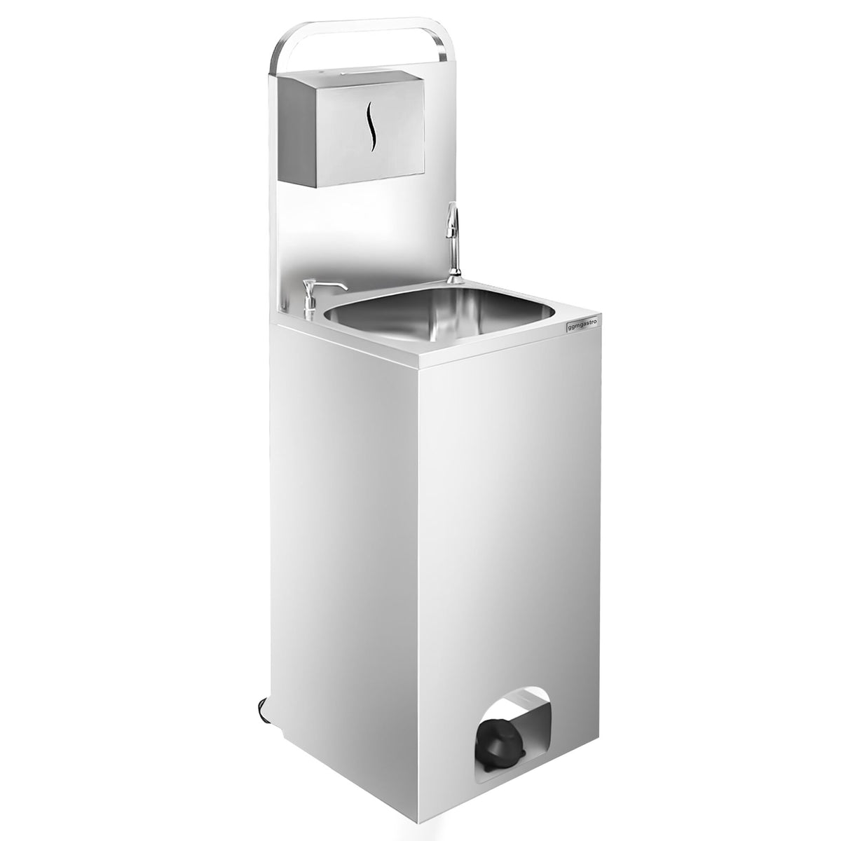 Commercial Mobile Hand Wash Sink - Stainless steel - with foot-pump, soap dispenser & paper towel dispenser