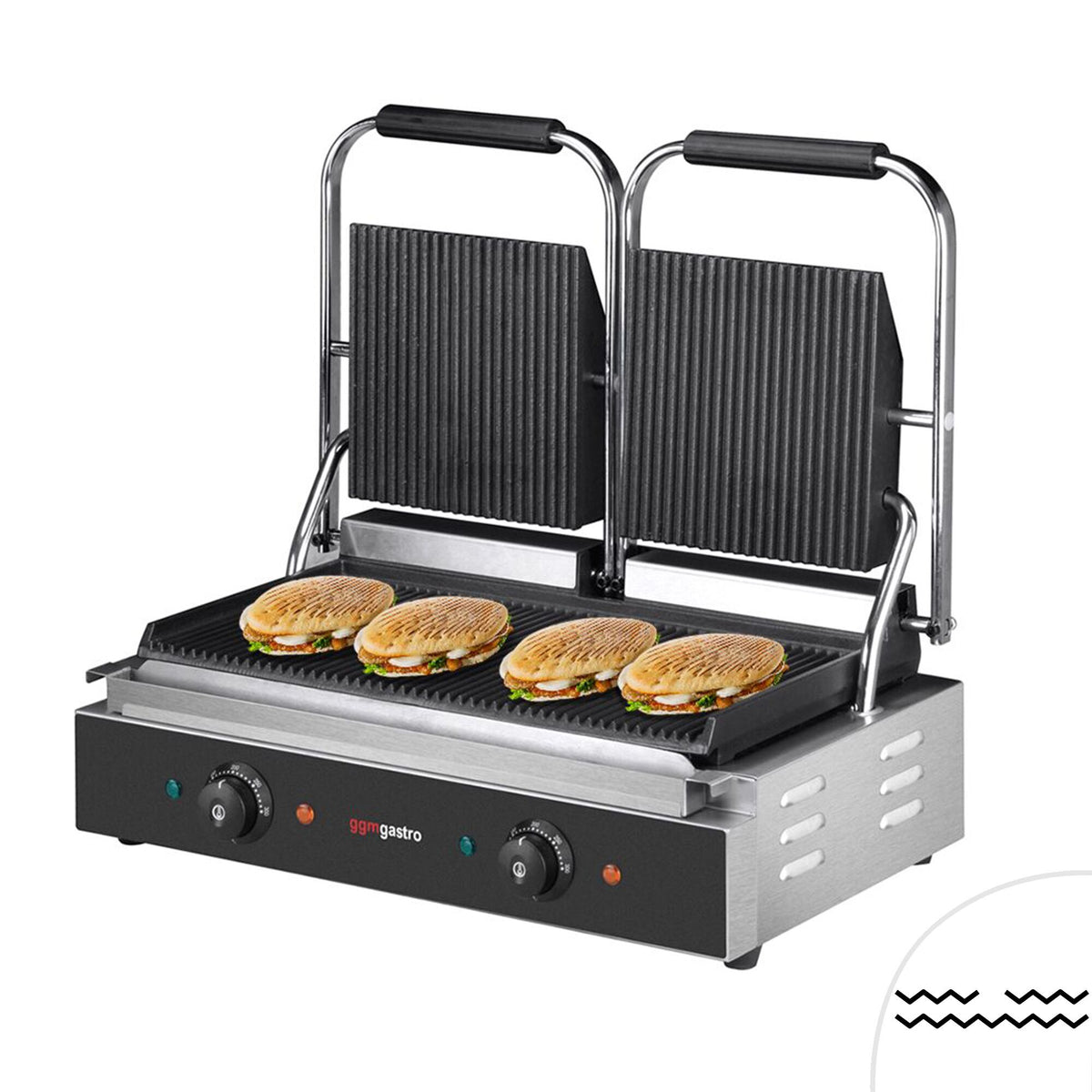 Commercial Contact Grill - Heavy Duty Panini Press - 3.6kW - plates: ribbed top & bottom - grill area: 480x230mm