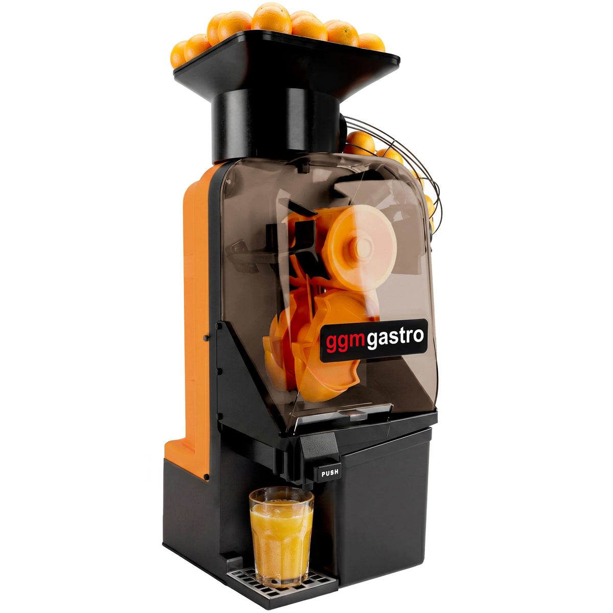 Automaattinen appelsiinimehustin - 550 W - 15 appelsiinia/min - ominaisuuksilla: max. Ø 65–80 mm, digitaalinen ohjaus & hedelmälaskuri - oranssi
