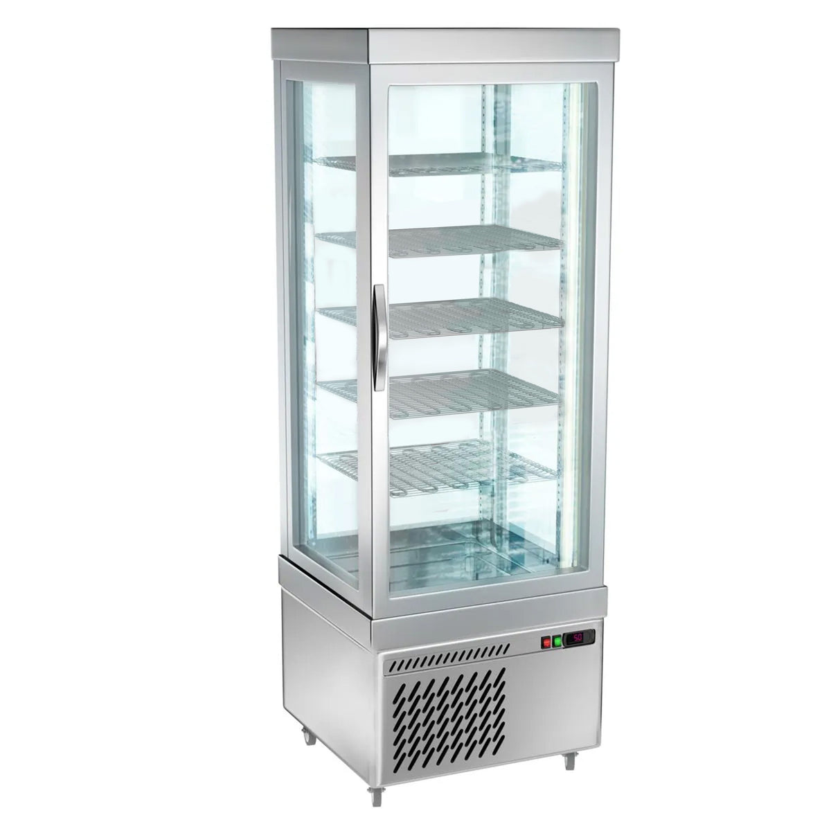 4-Sided Glass Display Fridge - 430L - 670mm - with 5 rotating glass shelves - 1 glass door - for patisserie - Silver