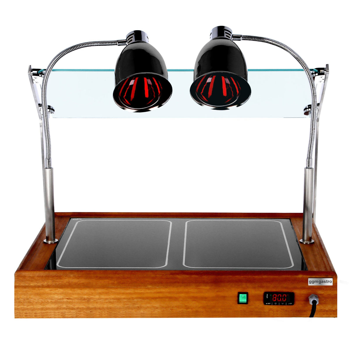 Hot Plate - Wood Effect - with Ceramic Glass Surface - 800mm - 1x GN 1/1 - 1.3 kW - with 2 Infrared Heat Lamps - with Toughened Glass Sneeze Screen