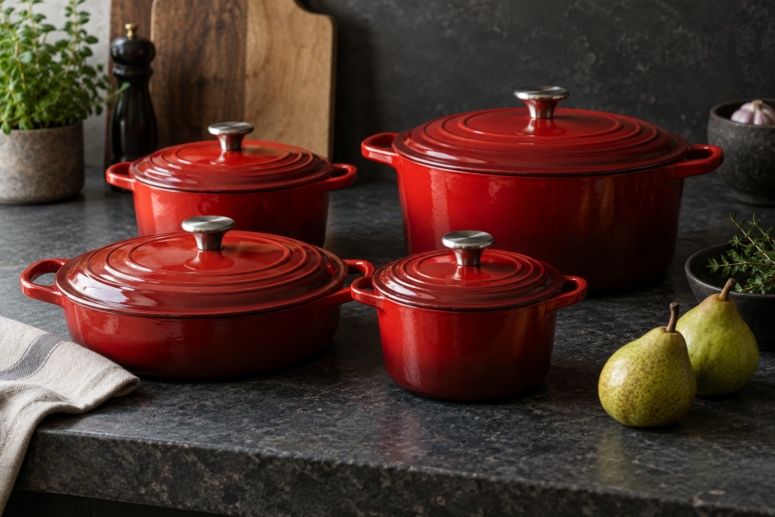 Red cast iron cookware